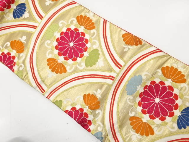 アンティーク　菊に青海波模様織り出し袋帯（着用可）